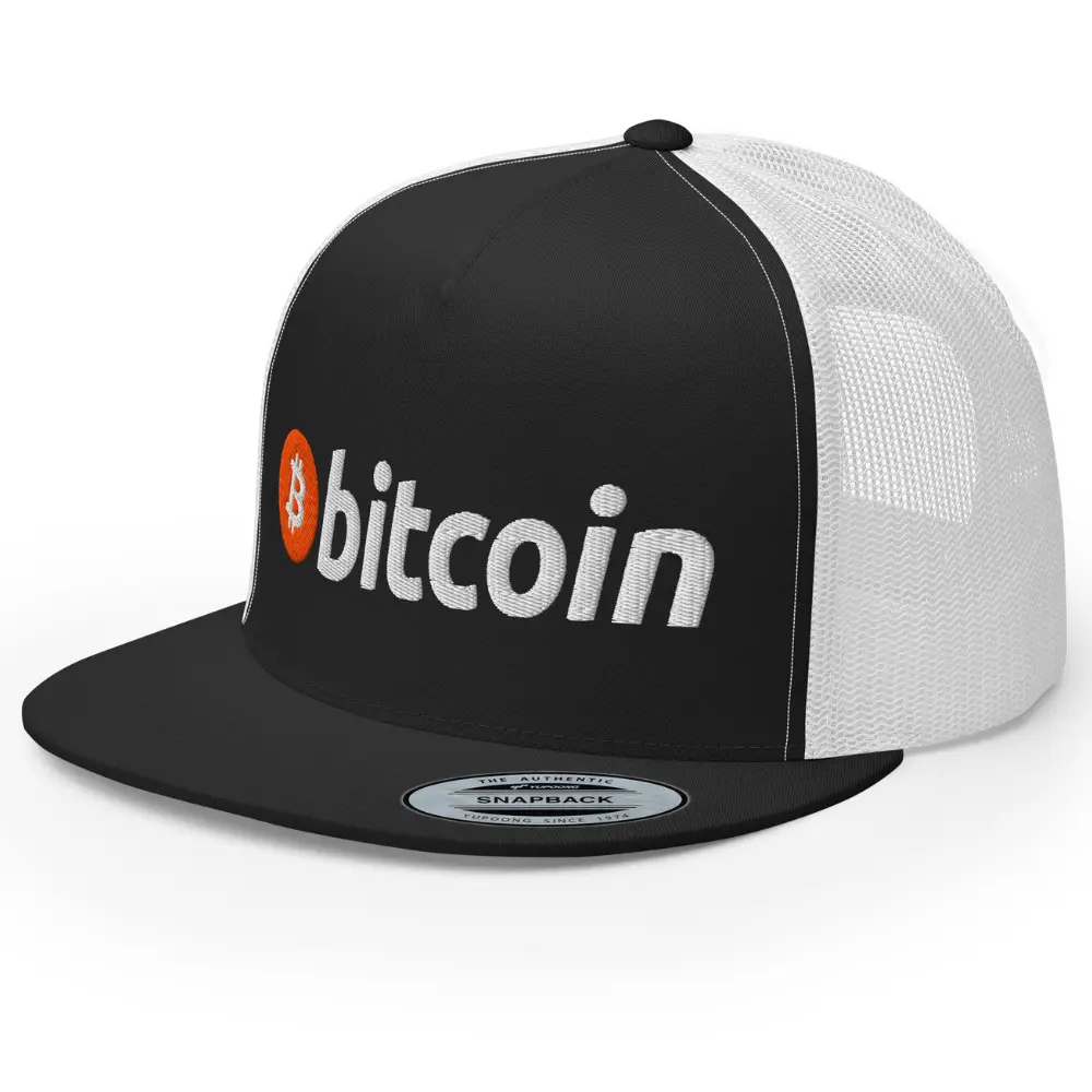 RIVEMUG NX Bitcoin Full Logo Embroidered Flat Bill Trucker Hat High Crown Snapback BTC Crypto Hat