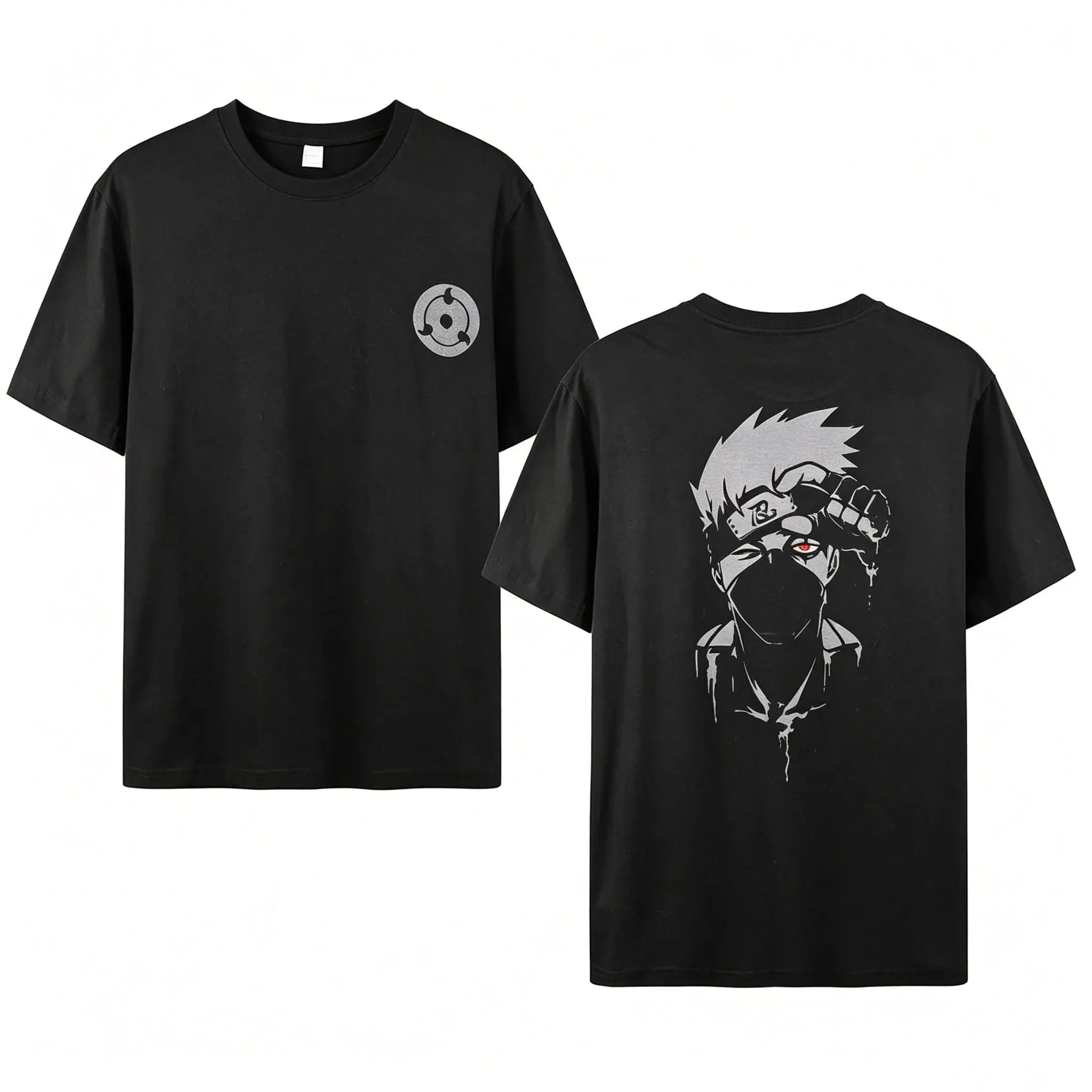 Men's Naruto Kakashi Graphic Tee - Baggy Oversized Cargo Cotton Shirt, Short Sleeve Relaxed Fit Otaku Style Top with Dark Silhouette Sharingan Print, Graphic Print, Athletic, Chic, Korean, Round Neck, 3Xl, Streetwear, Shortsleeve, Casual, Menswear, Sharin