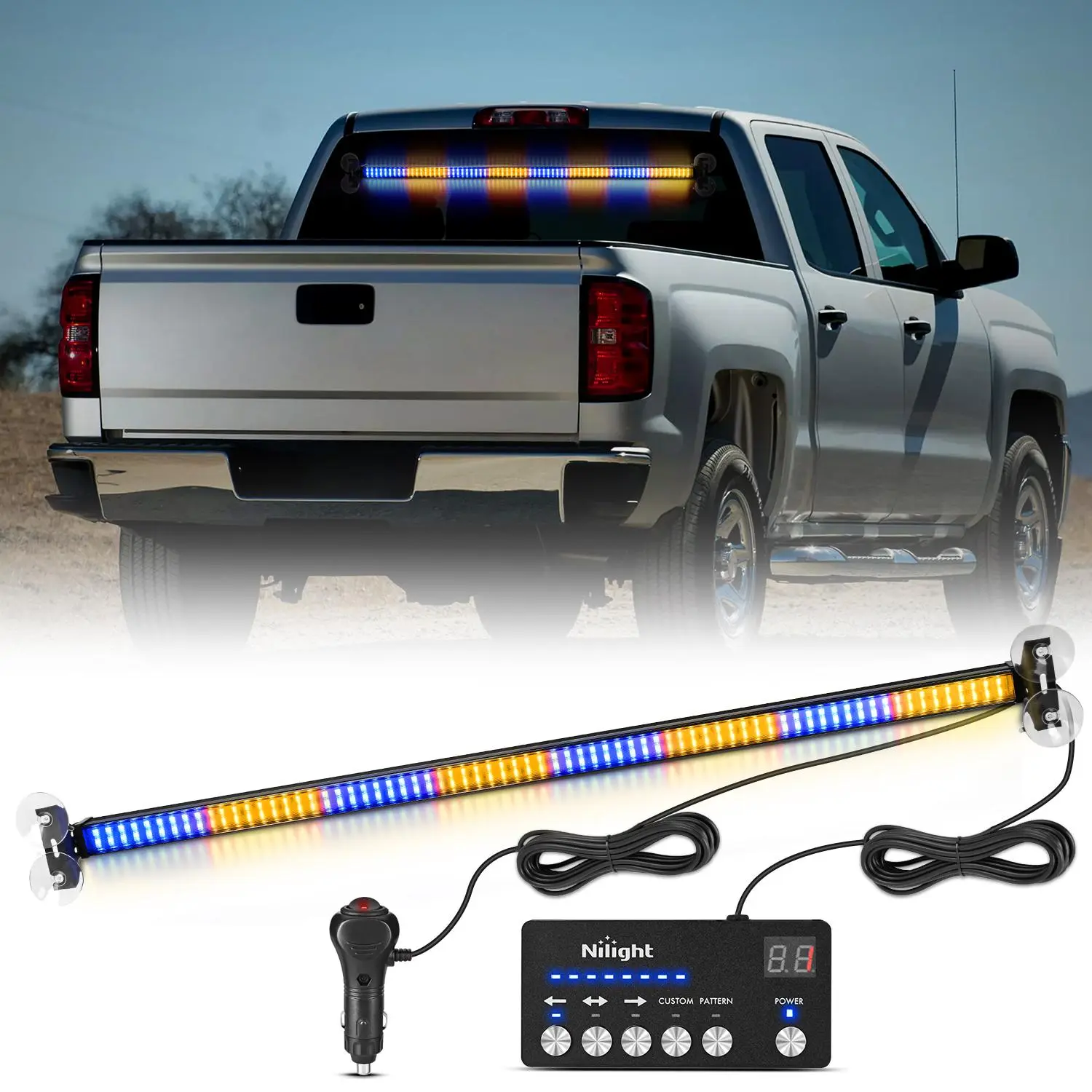Nilight 144LED High Visibility Traffic Strobe Light Bar with Controller, Multiple Lighting Modes - Amber/Blue Windshield Safety Accessory for Construction Trucks