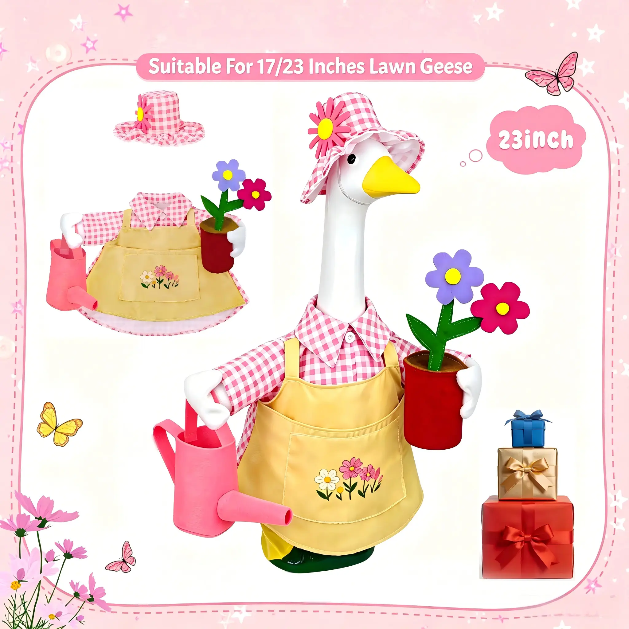 17" & 23" Fade-Resistant Polyester Pink Plaid Goose Costume Decoration Set, Pastoral Gardener Outfit with Floral Apron, Shirt, Sun Hat, Watering Can, Potted Flower Prop, Fits Both Outdoor Display Lawn Porch Statues
