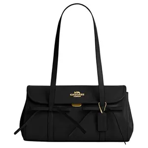 Coach Bridget 34 Bow-Embellished Classic Gold-Tone Smooth Grain Leather Crossbody Bag for Women, Large, Black