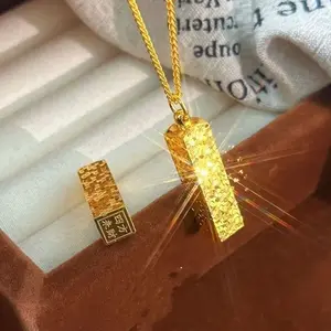 Crushed Ice Square Wealth Golden Bar Auspicious Pendant, Women's Lucky Wealth Transfer Light Luxury Necklace, Gift for Girlfriend and Wife