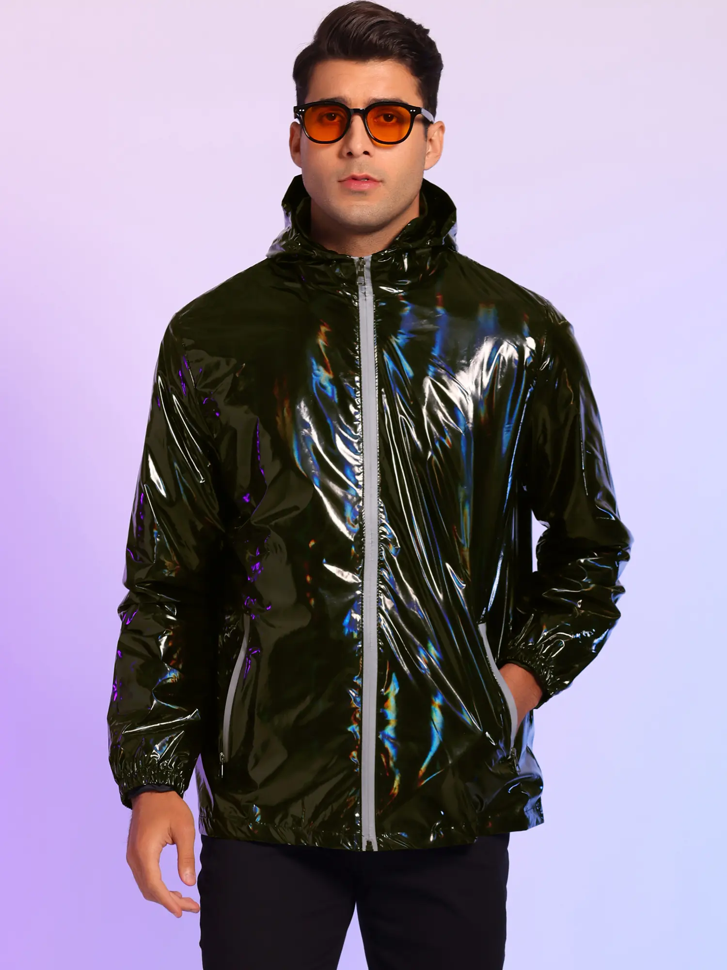 INSPIRE CHIC Metallic Jacket for Men's Sparkle Zipper Hooded Windbreaker