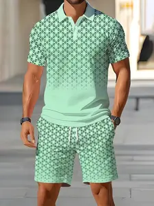 Men's Summer Casual Set, Short Sleeve Polo Shirt with Shorts, Geometric Print, Fashionable and Comfortable, Breathable Two-Piece Outfit