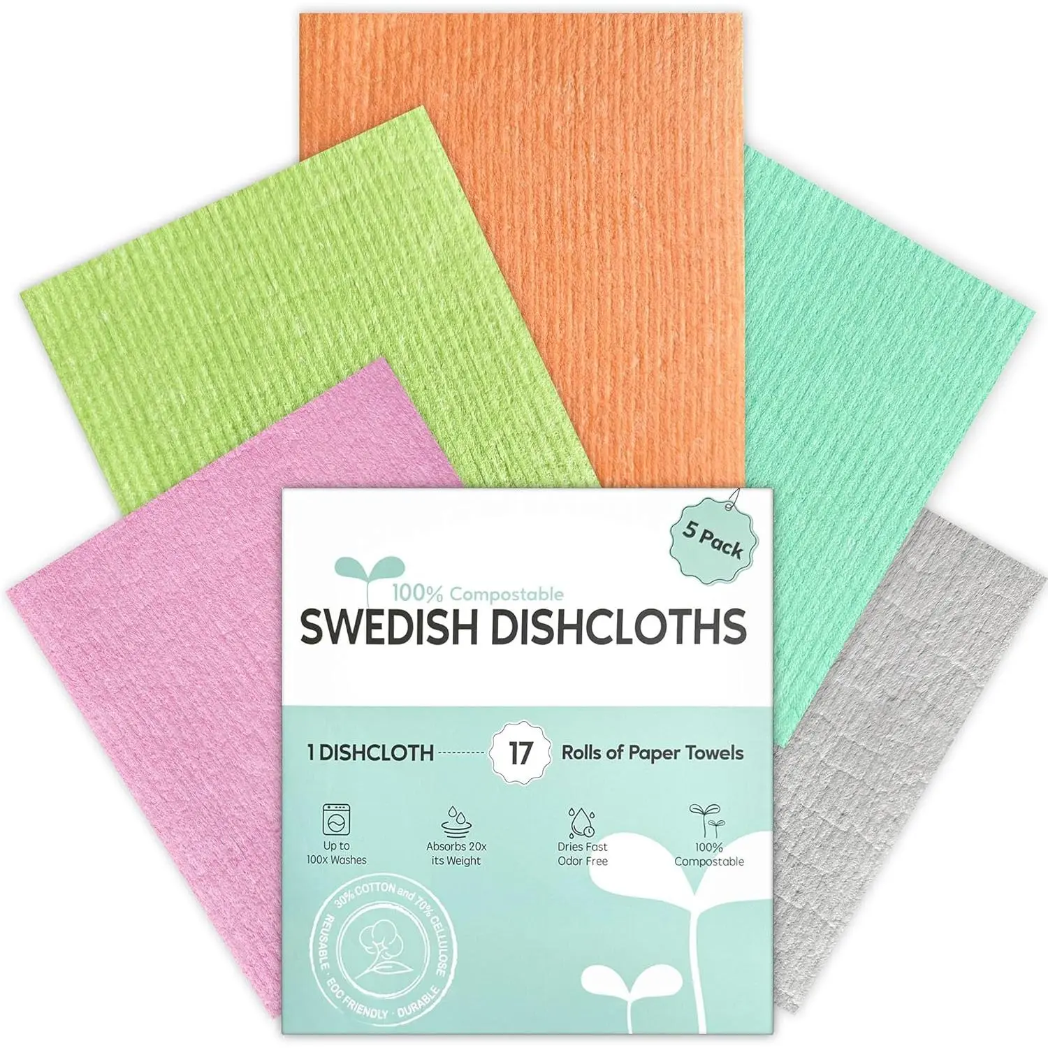 Swedish Dishcloths for Kitchen, 5 Pack Swedish Dish Cloths, Ultra Absorbent  Paper Towels, Cellulose Sponge Cloths, Quick Drying, No Odor, Dishwasher Safe