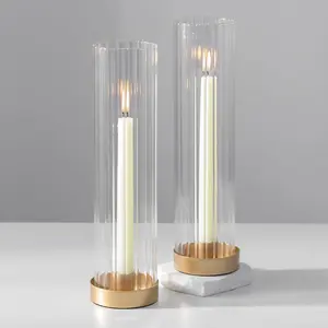 Hurricane Glass Candle Holders: Set of 2 Gold Candlestick Holders with 11" Tall Clear Cylinder Hurricane Cover, Taper Candle Holder for Wedding Table Centerpiece Party Christmas Home Decor