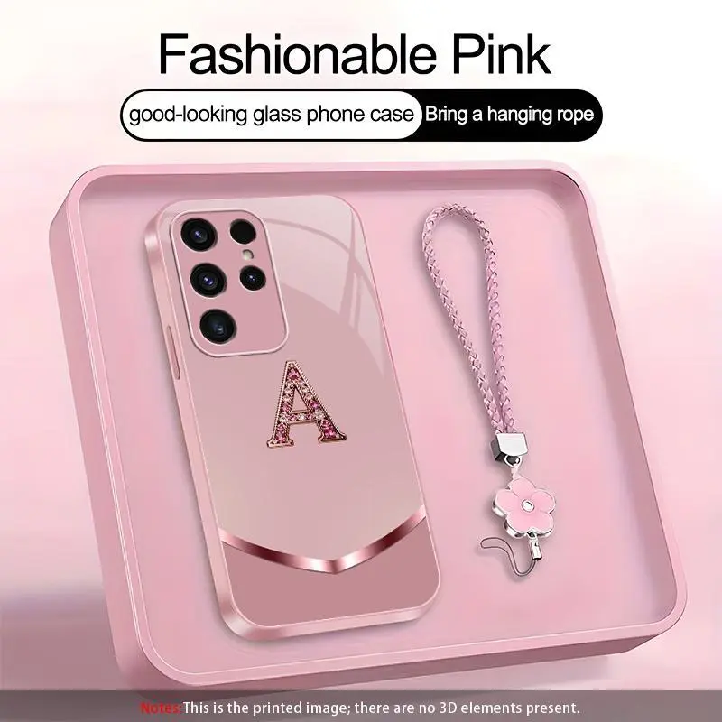 Suitable for [Galaxy S23 Ultra] high-end women's phone case🤩，a beautiful four-leaf clover lanyard is included🍀，simple yet sophisticated design, 26 English letters to choose from, printable patterns, non-glittery diamonds YM99