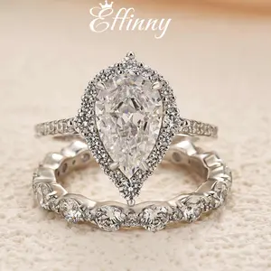 Effinny Jewelry 2.2ct Halo Pear Cut 2PC Wedding Ring Set, 925 Sterling Silver Promise Ring, 5A Cubic Zirconia Women's Ring for Wedding, Travel, Party