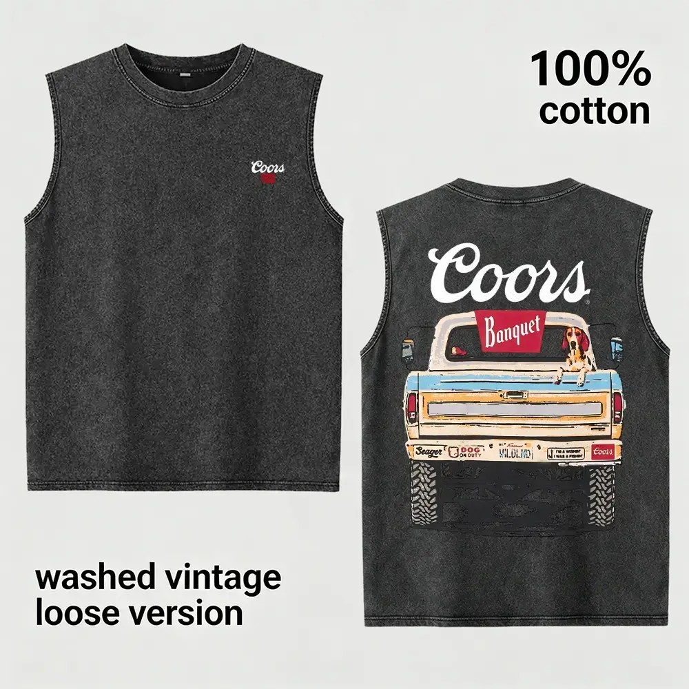 Men's Classic Tank Top, Vintage Washed Pickup Truck Graphic 100% Cotton Loose-Fit Muscle Tee for Casual Western Streetwear, Menswear