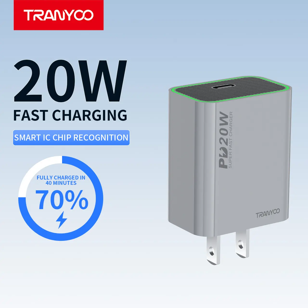 TRANYOO T-US7 20W USB C Fast Charger, Ultra-Compact PD Charger with ABS+PC Fireproof Material, Global Universal AC 100-240V, Compatible with iPhone 15/16/17/14/13, Samsung Galaxy summerwins