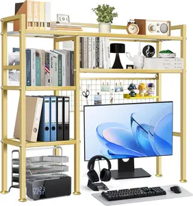 Desk Shelf with Grid Panel, 37.5" Desktop Hutch Organizer, 4-Tier Desk Bookshelf for Computer Desk, Metal & Wood Desktop Storage Rack for Home Office, Dorm, Study Desk, Gold