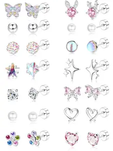 14 Pairs Flat Back Earrings Stud Earrings for Women Girls Hypoallergenic Surgical Steel Earrings for Girls Kids Cartilage Helix Earrings Piercing Cute CZ Heart Flower Star for Sensitive Ears
