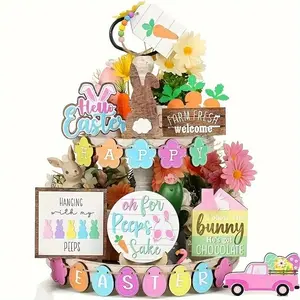 Easter Themed Tiered Tray Decoration, 1 Set Wooden Ornament, Home Decor for Living Room Office Farm House(without Tray)