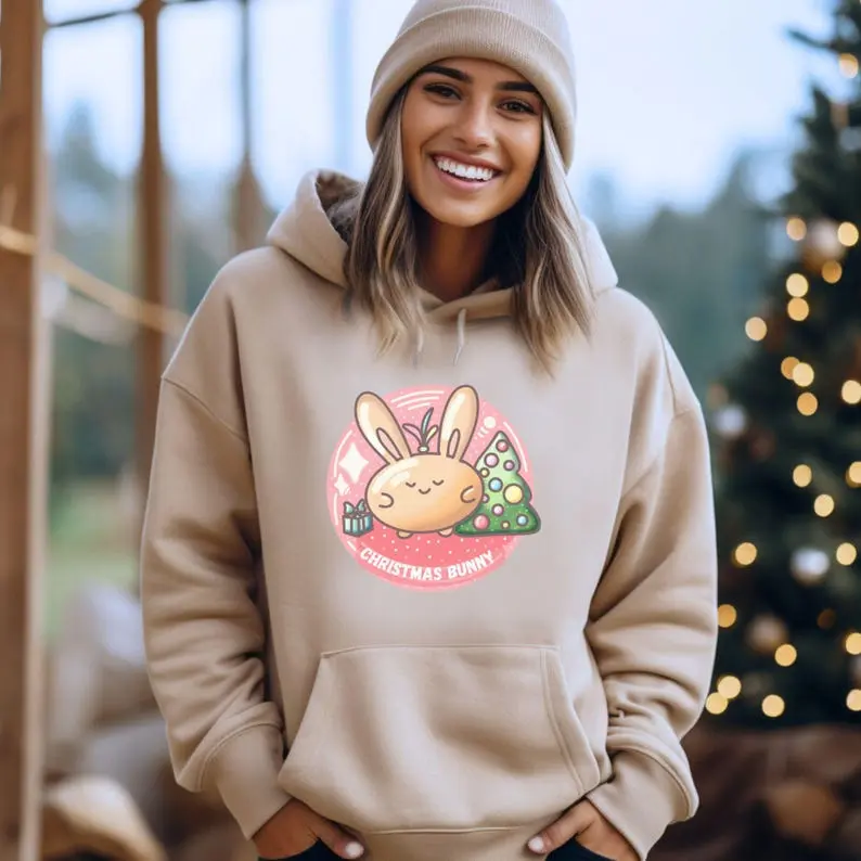 Christmas Bunny Hoodie, Jumper Xmas, Oversized, Family Sweatshirt, Holiday Hoodie, Winter Gift for Him, Hooded Sweatshirt, kawaii cute