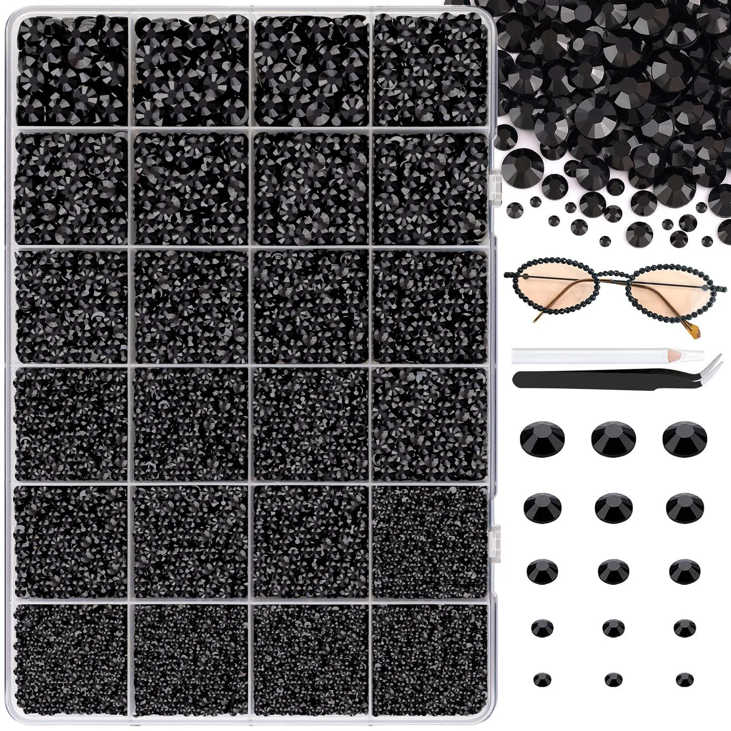 #Summervibes 30000pcs Flat Back Crystal Rhinestones Round Gems for Nail Art and Craft ,Black,,2-6mm
