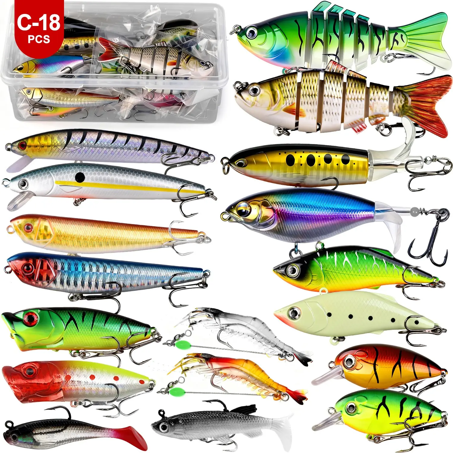 18/36 Pcs Mixed Fishing Lures Kit, Including Minnow, Popper and Crankbait Topwater Lures with Hooks for Freshwater and Saltwater Trout, Bass and Salmon Fishing