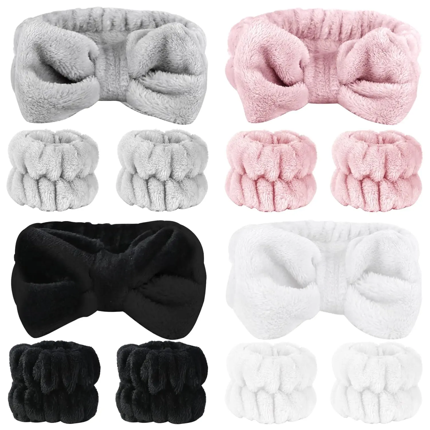 12 PCS Face Wash Headband Wristband Set for Women Girls, Soft Microfiber Facial Spa Hair Wraps Makeup Skincare Bath Headbands Wrist Bands for Washing Face（White, Pink, Gray, Black）