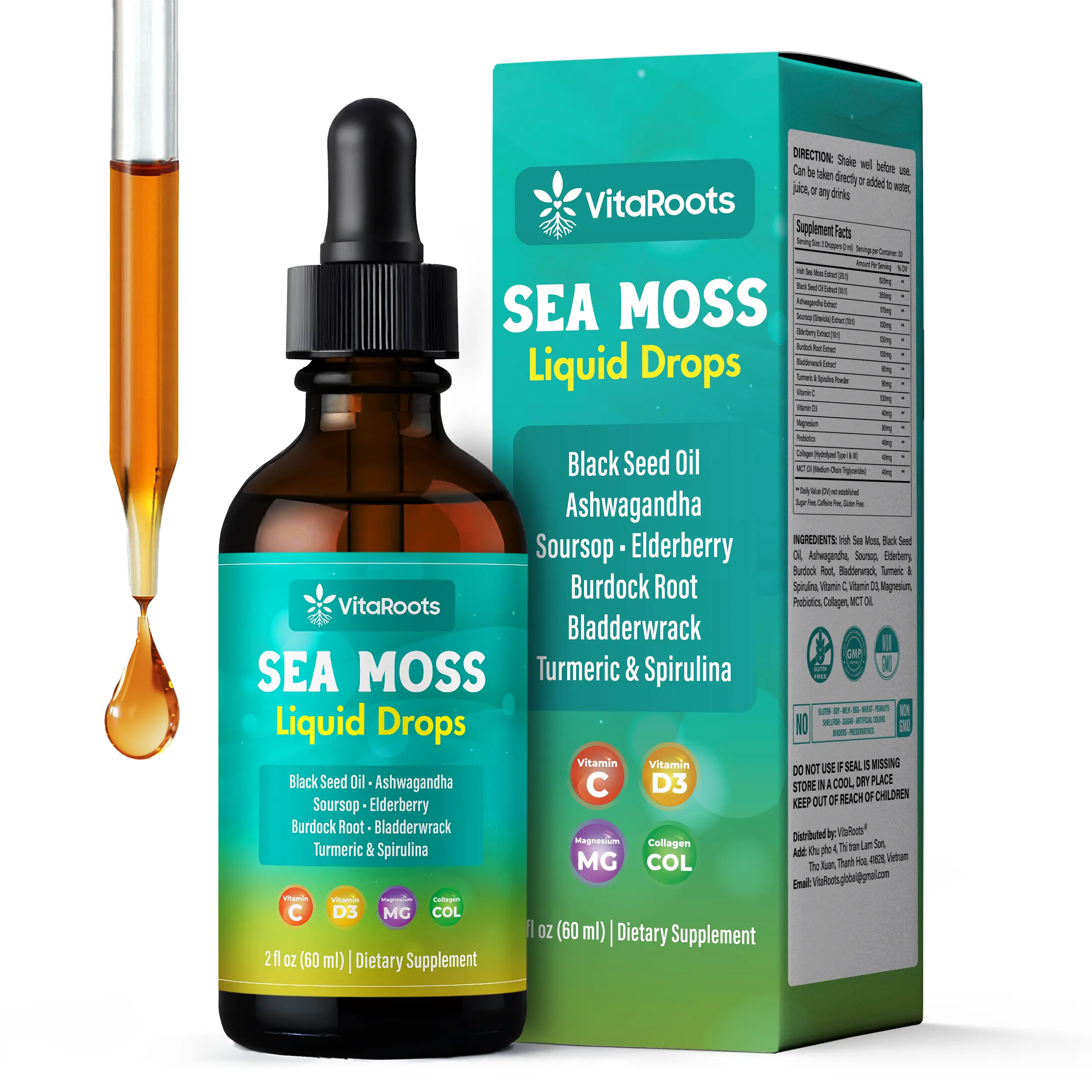 Sea Moss Liquid Drops with Black Seed Oil, Elderberry & Burdock Root Vegan Formula - 2 fl oz