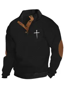 Men's Fall Winter Fashion Jacquard Plaid Cross Print Hoodie, Christmas Trend, Half Button Design, Elbow Patch, Gift Idea, Sweater