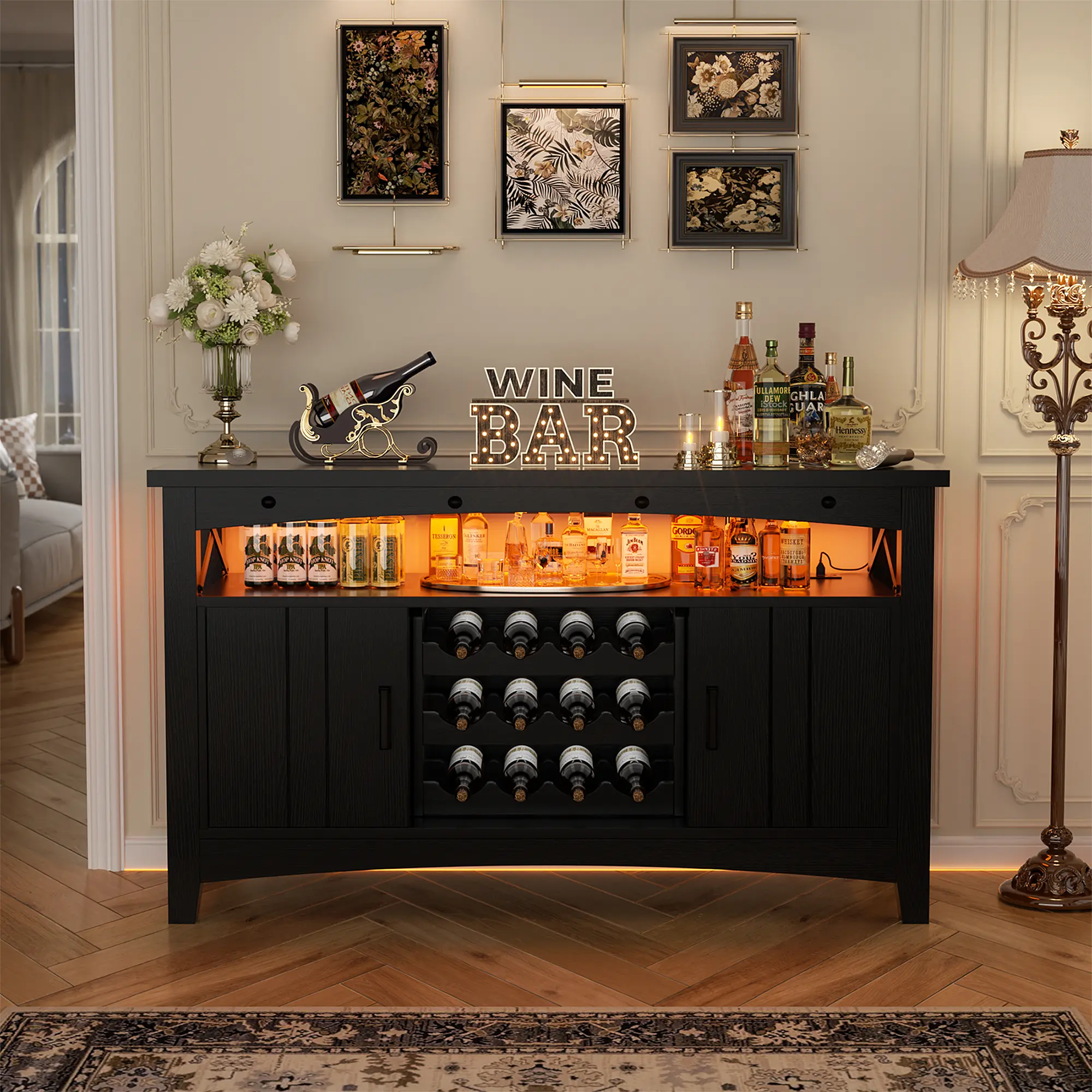 Armocity Wine storage Cabinet 47" Wine rack removable with Storage Wine bar cabinet for Home with LED Lights and Outlets