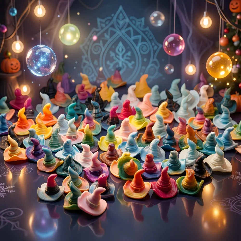 100 PCS Random Color 3D Printed Wizard Hat Statues - Multi-color mini ornaments, suitable for indoor and outdoor decoration, multi-color fantasy-themed tabletop garden decoration, excellent gift idea for Halloween parties, home decoration holiday perfect