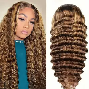Ombre Highlight 4/27 Deep Wave Lace Front Wigs Human Hair 99J Burgundy Deep Wave Lace Front Wigs Human Hair Natural Black 13x4 HD Lace Frontal Wigs Human Hair 180% Density Lace Front Wigs Pre Plucked
