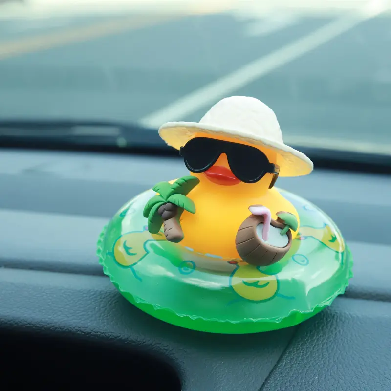 A summer duck car decoration Car Ornament-tropical beach dashboard statue featuring coconut and green buoy ring, non-slip car accessories suitable for men and women, and interesting gifts for friends (including sticky pads)