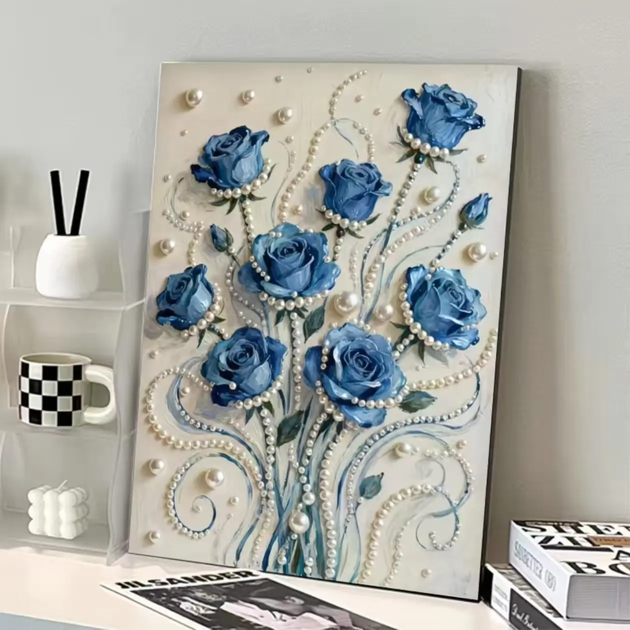 Blue Rose Pearl Painting Kit, 15.75 X 11.81 Inches Framed, Beginner DIY Craft Diamond Art Set, Handmade Wall Decor Gift