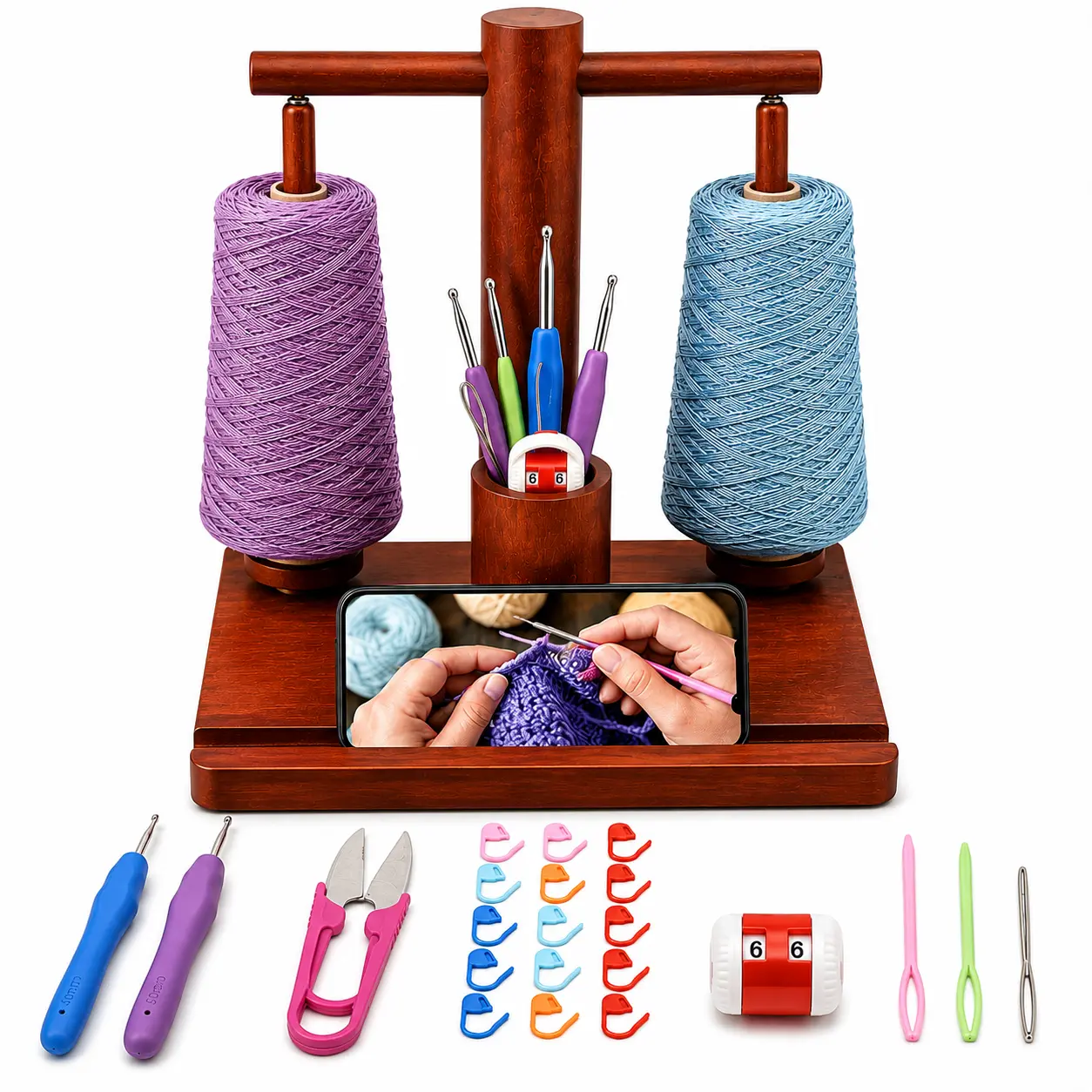 ECHOKRAFTS Wooden Yarn Holder for Crocheting and Knitting, Magnetic Rotating Yarn Spinner with 2 Spindles, Crochet Accessories Set Included, Storage & Phone Stand, Gift for Knitters, Women, Mom, Grandma