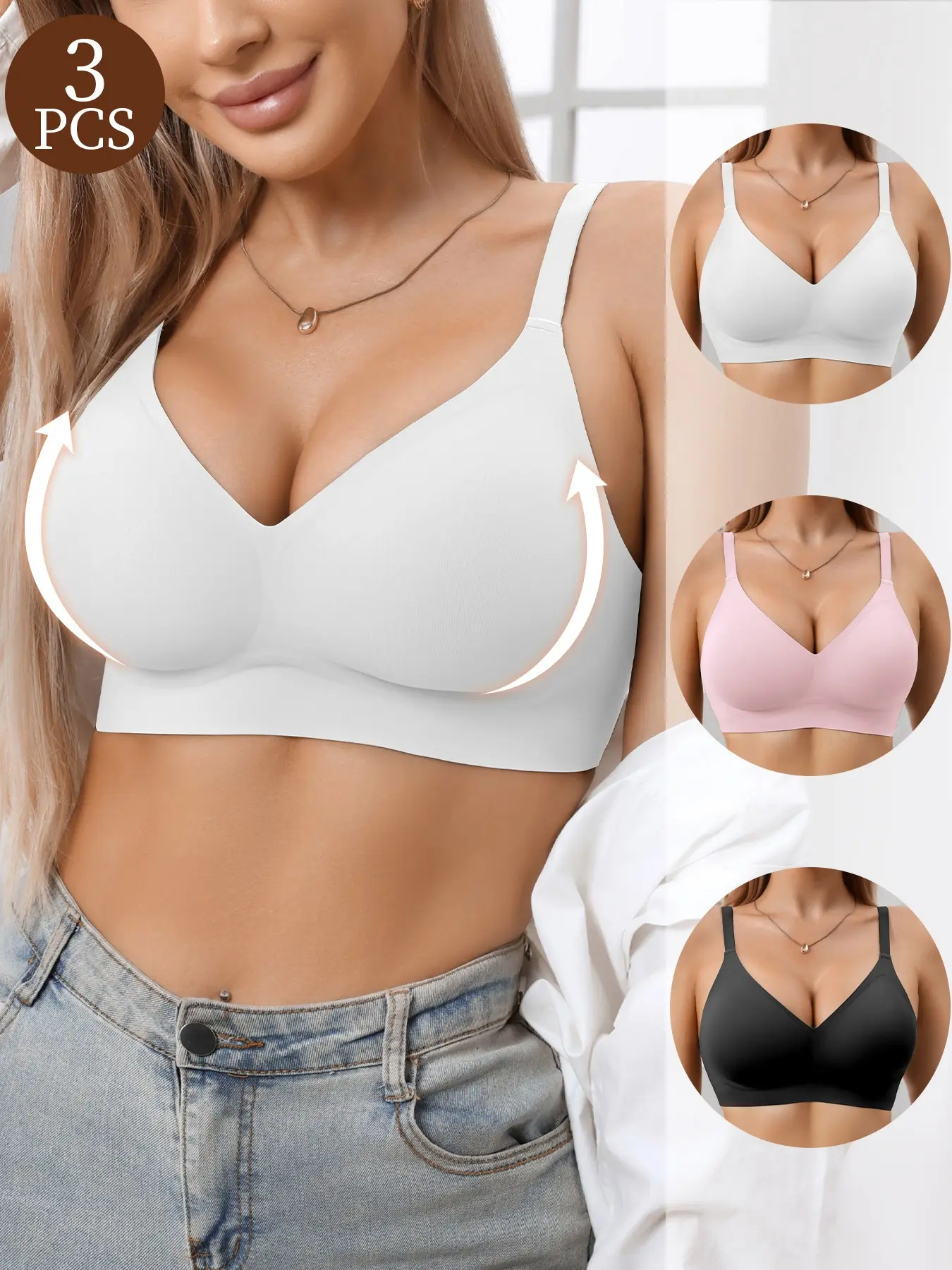 Jelly Bra Sexy Plain V-Neck Wireless Women's Bra, Seamless Lined Design, Medium Support, Fitted, All Seasons, Daily Wear