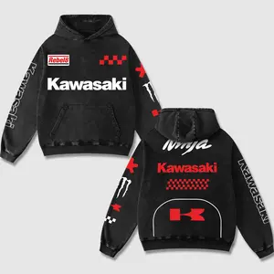 Retro Red Monster x Kawasaki Ninja Racing Washed Hoodie MotoGP World Champion Enthusiast Apparel Streetwear Helmet Racing Team Super Motorsports Clothing Riders Motocross Off-Road Dirt Bike Fan Gear Cotton For Motor Fan