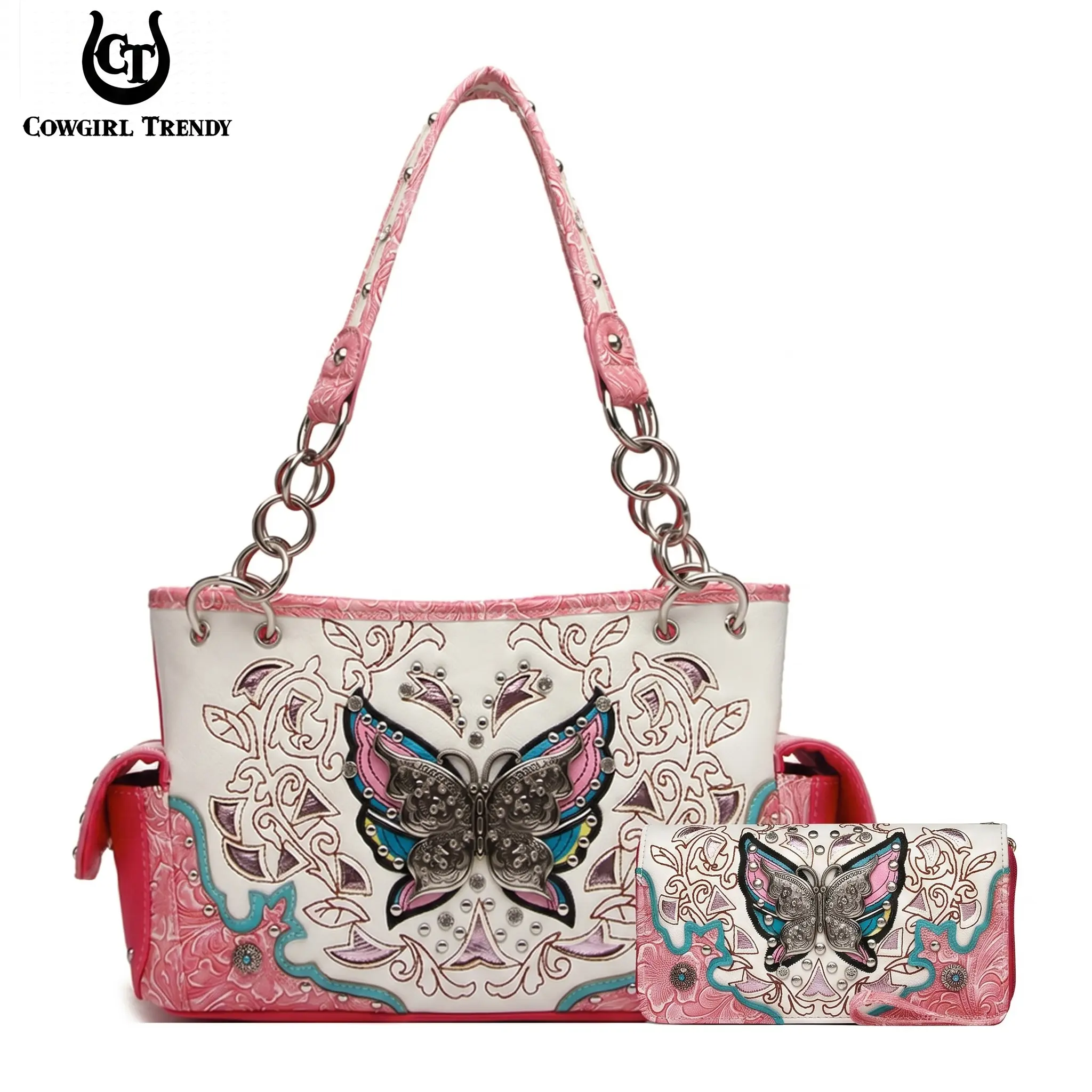 Women's Western Rhinestone Butterfly Flower 2-Piece Satchel Set - Casual, Lightweight, Chain, Hangable Shoulder Bag with Matching Wallet, Chic Gift for Mom& Friend