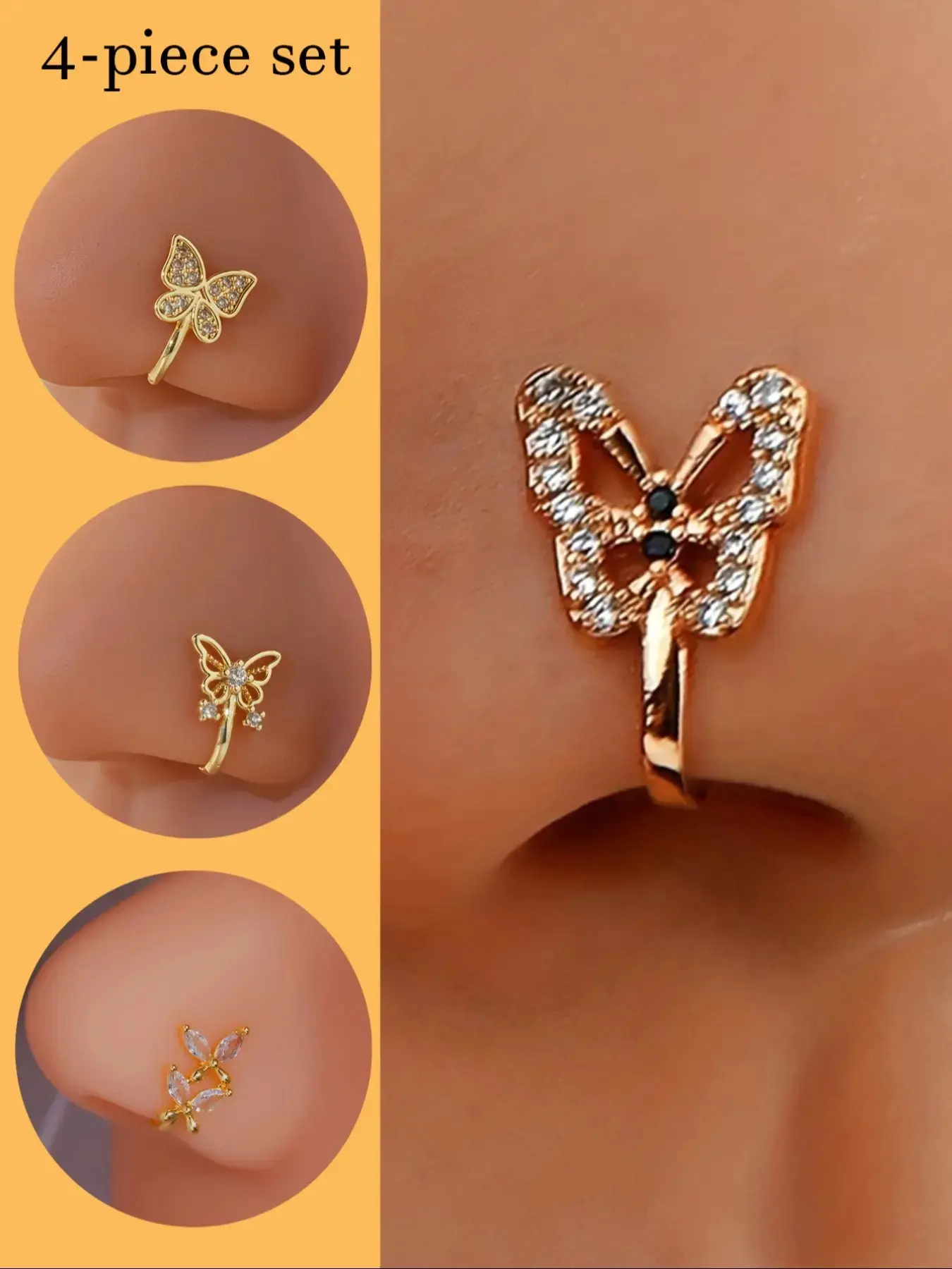 4-Piece Crown and Planet U-Shaped Non-Pierced Sparkling Nose Clip Set, Body Jewelry, No Piercing Required, Adjustable Fit Zirconia Design in Brass Material, Simple Style for Women, Perfect for Everyday, Vacations, Parties, Gifts
