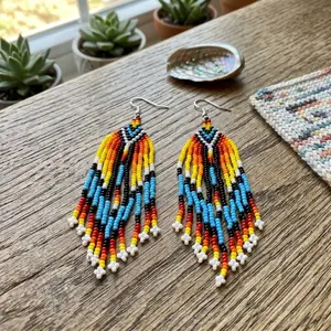 Handmade Beaded Fringe Earrings - Native American Style Seed Bead Dangle Earrings - Long Southwestern Boho Jewelry