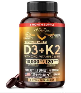 Vitamin D3 K2 - Vitamin D3 10000 iu & K2 120 mcg - Immune & Mood Support, for Bone & Teeth Health - with Zinc, Vitamin C & B12 - Highly Bioavailable - For Men & Women - Made in USA, 120 Softgels