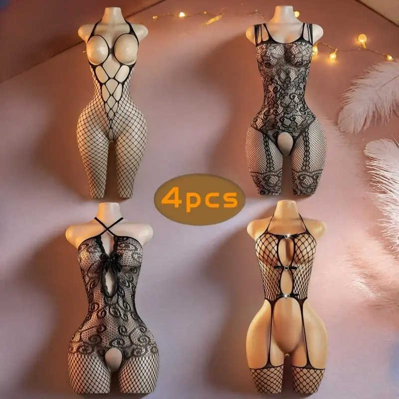 Women's Sexy Elegant Fantasy 4-Set Black Lingerie Jumpsuits Combo - Lace Bodysuit, Fishnet Bodysuit, Mesh See-Through Corset, 4 Pairs Exotic Socks, Floral Bedroom Intimates, Lingerie Sets, Outfits, Clothes, Bodysuit For Women