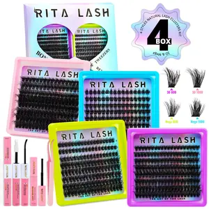 RITALASH 4 Boxes Mega/3D Lash Clusters Kit, Natural False Eyelashes, WaterProof Lashes Clusters Eyelash Extensions for Beginners and Proficient, DIY at Home Easily, Soft comfortable Easy Apply Natural Look for Makeup Daily Life