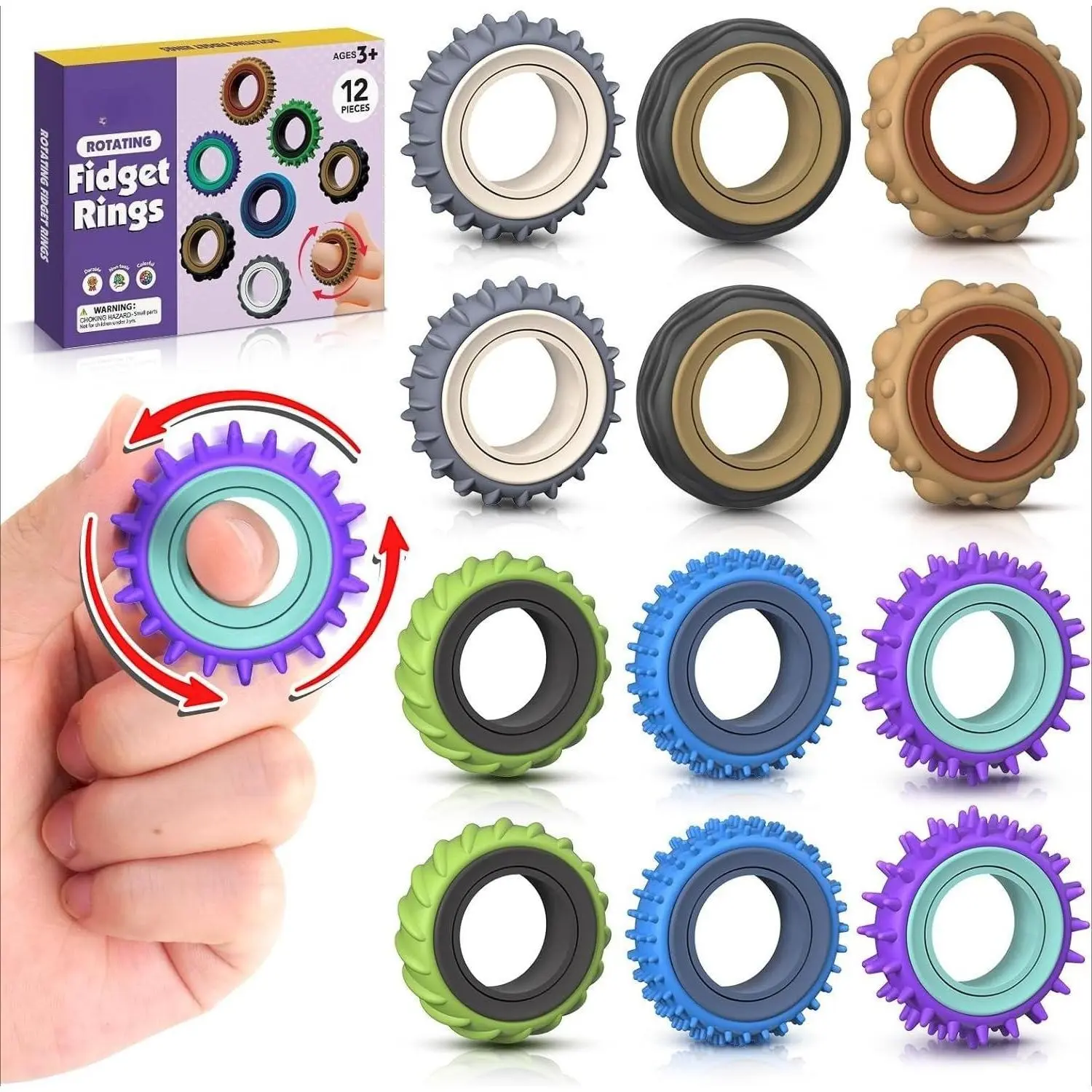 BY-386 Fidget Adults Sensory Rings: 12 Pack Texture Spinner Rings - Stress Relief Sensory Ring for Kids ADHD - Quiet Desk Fidgets for Anxiety Office for Adults Teens