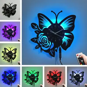 Vintage Gothic Vinyl Record Wall Clock, Silent Non-Ticking LED Light, Glowing Butterfly Rose Design, Battery Powered, Lighted Wall Clock, Led Wall Clocks, Home Decor, Gifts