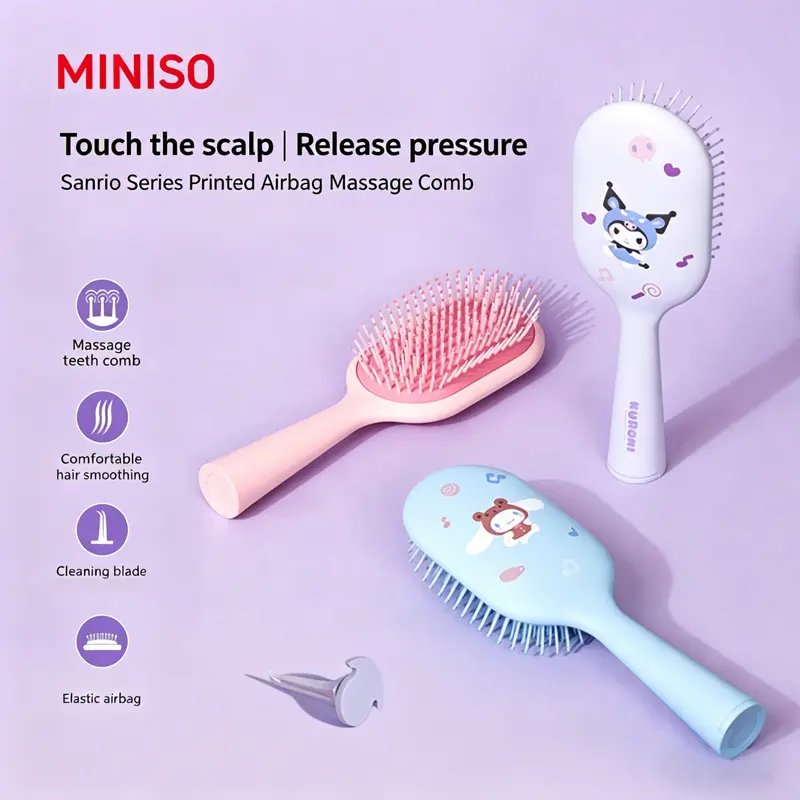 Miniso Kuromi Airbag Massage Comb, Anti-static Scalp Massage Cushion Hair Brush for Women, Long Handle Styling Tool for Fluffy Hair Care, Hair Tools