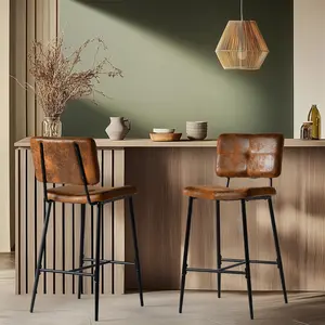 【Deal】Homy Casa Vintage Barstools Set of 2, 26.7in Counter Height Stools with Faux Leather Seats and Metal Frame for Bistro Kitchen Island, Brown
