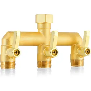 Brass Garden Hose Splitter, 3 Way High Flow Outdoor Faucet Splitter,Full Flow 3-Way Brass Heavy Duty Hose Splitter With 3 Long Metal Handle and Individual On/Off Valve