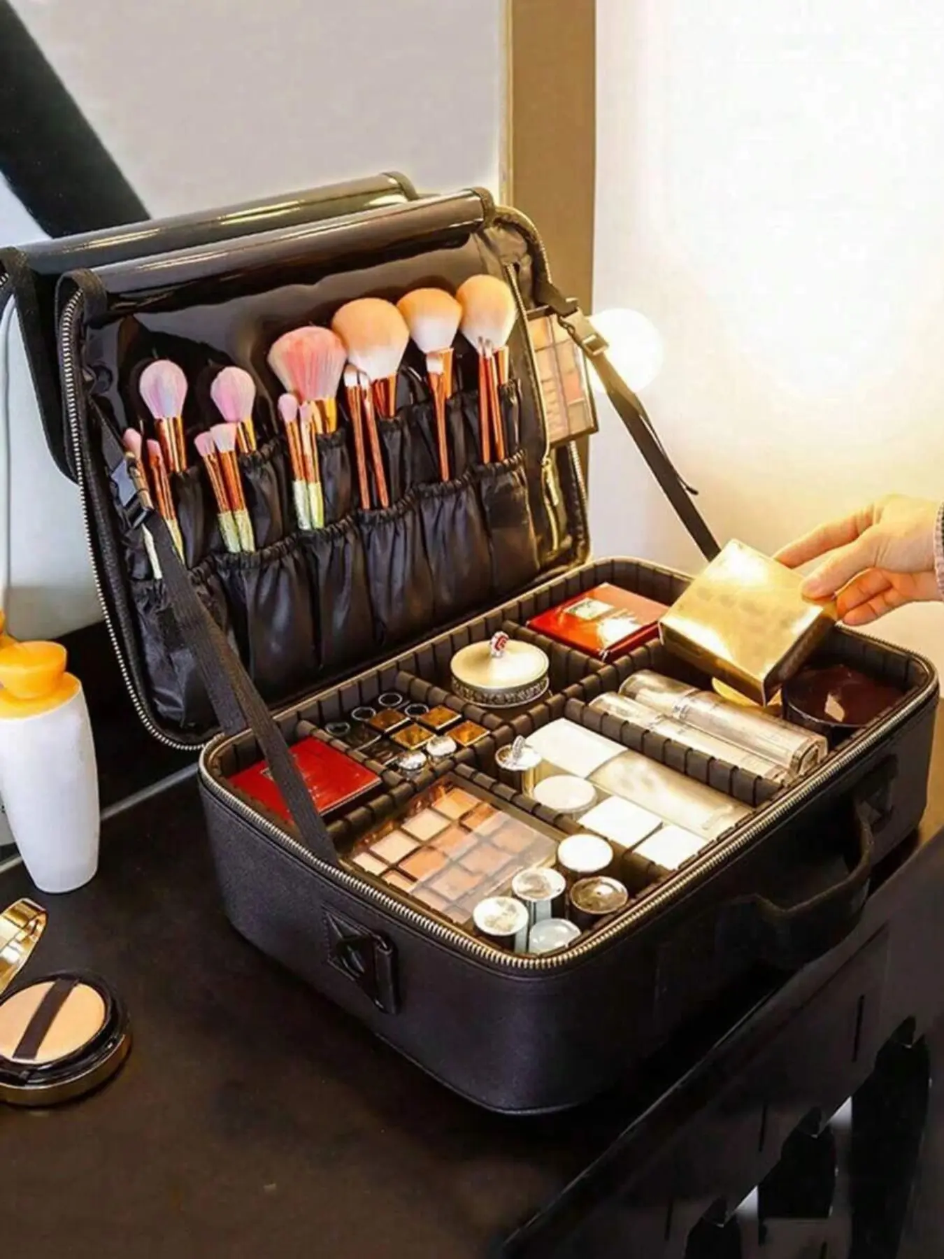 Multi-Function PU Leather Cosmetic Bag, Cosmetic Travel Bags, Makeup Pouch, Makeup Storage Bag, Makeup Organizer, Large Capacity Divided Makeup Case With Dual Shoulder Strap, Suitable For Makeup Artists Travel Accessories