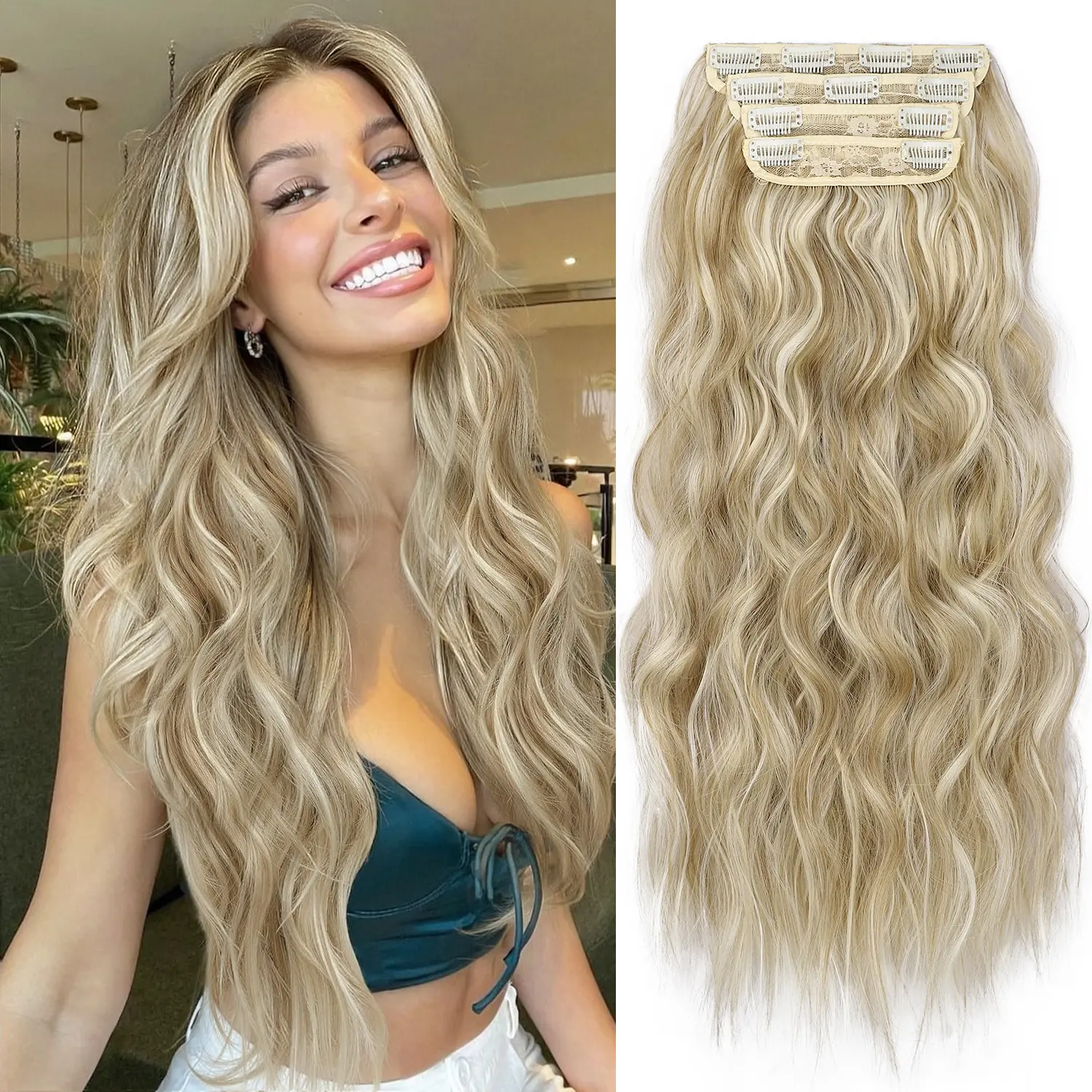 KooKaStyle Clip In Synthetic Hair Extensions Long Wavy Curly 4PCS Thick Hair Piece Natural Hair Ladies Hair Extensions Daily Going Out Party Wear Natural Firm Invisible