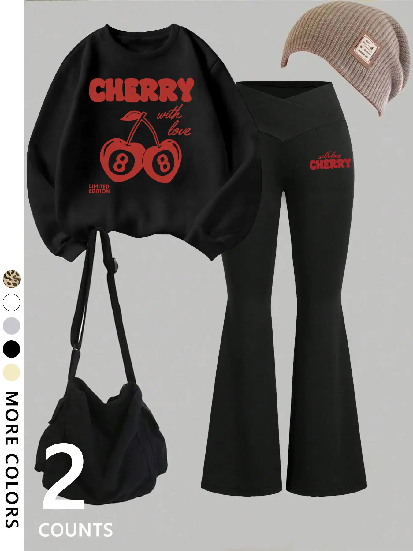 Women's red cherry 8 print Long Sleeve Fitted pullover and slim flared pants set, fashionable and comfortable, Casual Summer Set, Makenzie pant set, suitable for everyday wear, travel, vacation and leisure, Outfit
