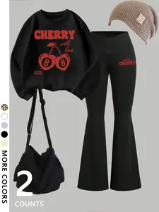 Women's red cherry 8 print Long Sleeve Fitted pullover and slim flared pants set, fashionable and comfortable, Casual, suitable for daily wear, travel, vacation and leisure