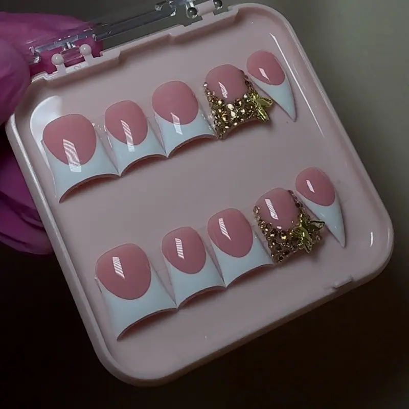 White French Acrylic Press-On Nails with Single Golden Gems for Glamour Finish Touch