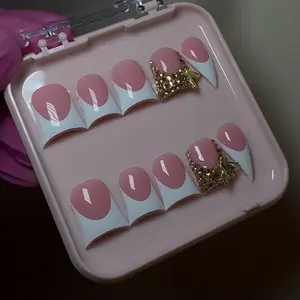 White French Acrylic Press-On Nails with Single Golden Gems for Glamour Finish Touch