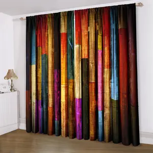 Wooden Vintage Barn Door Pattern Home Decoration Curtain, 2 Counts Colorful Painted Rod Pocket Plank Country Style Curtain, Lodge Farmhouse Living Room Bedroom Window Drapes
