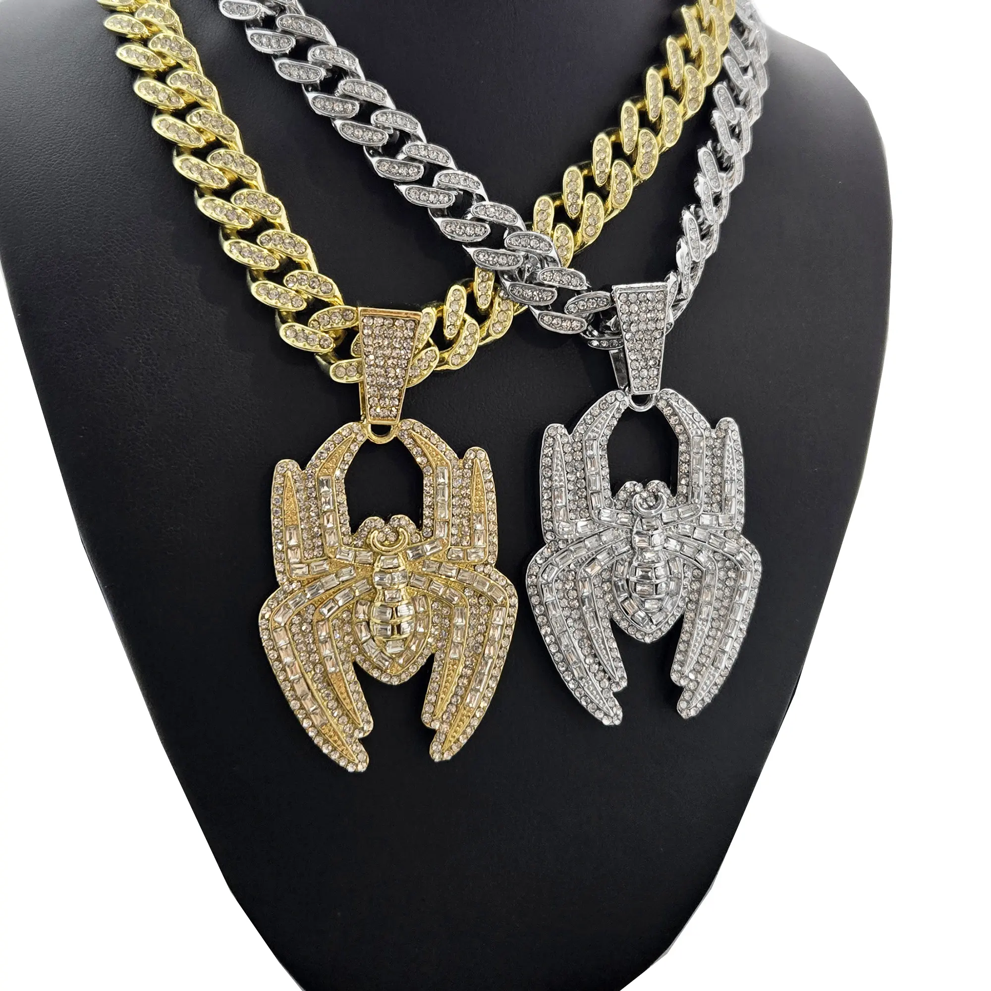 MaxBling81 Unisex Iced Chain Cuban Necklace - 14K Gold & Silver Plated, 14mm Width, 18" 20" 24" Multi-Size, Includes Spider Pendant & Full CZ Accents, Hip Hop Fashion Costume Jewelry